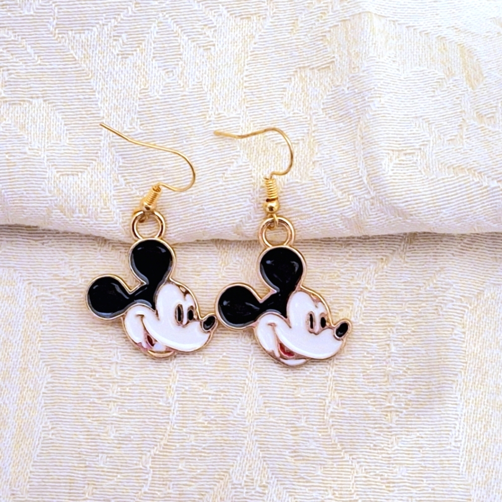 "Mickey Mouse" gold drop dangle earrings on French wires, black red white enamel